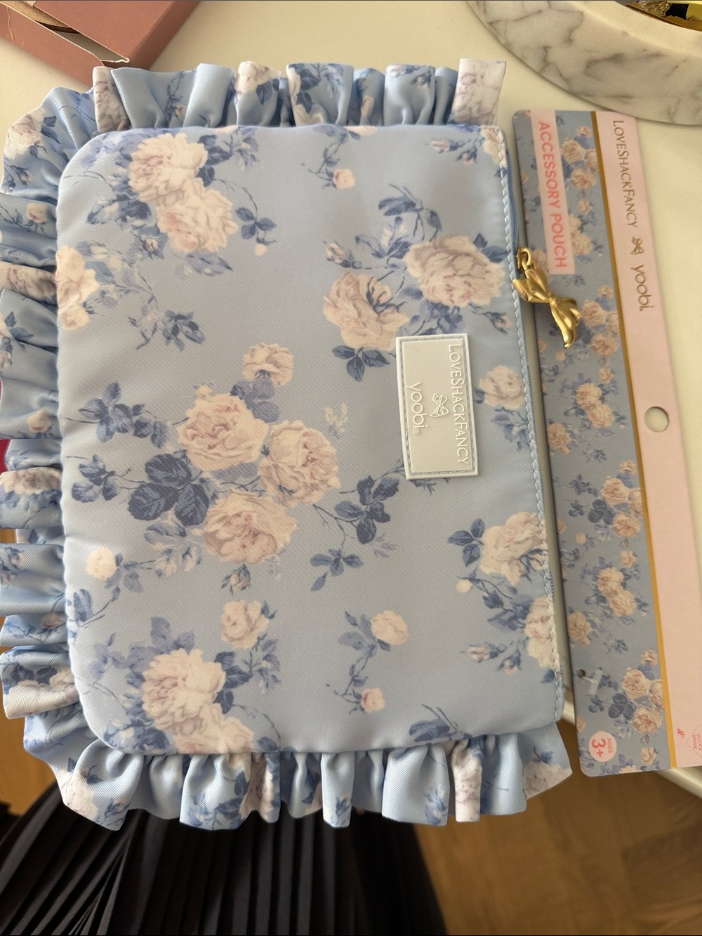 LoveShackFancy Floral Ruffle Accessory Pouch in Light Blue and Pink